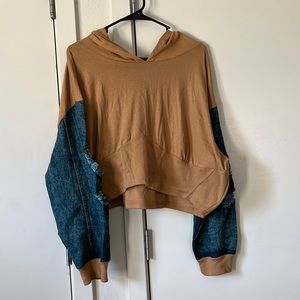 Camel Hoodie Crop Top with Ash Jean distressed sleeves